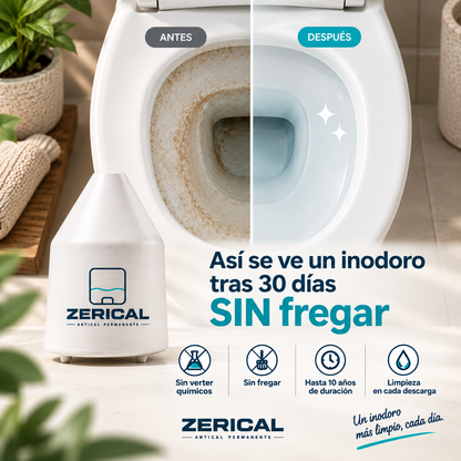 Inodoro antes y después con Zerical™ en la cisterna
